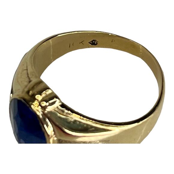 10K Gold BLUE SAPPHIRE RING Mens Size 10 Oval 8x9mm Bezel Set Lab Grown Gemstone - Picture 7 of 10